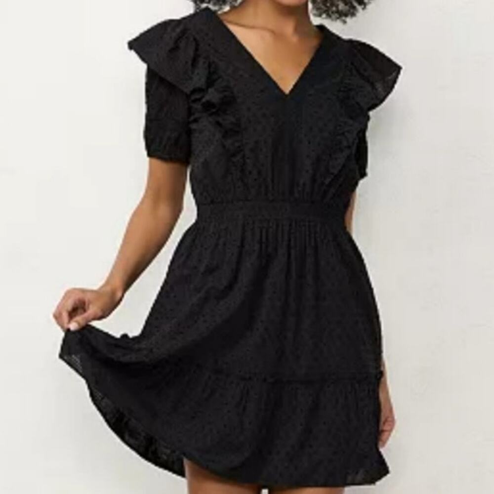 Lauren Conrad black Swiss dot ruffle mini dress romantic Gothic